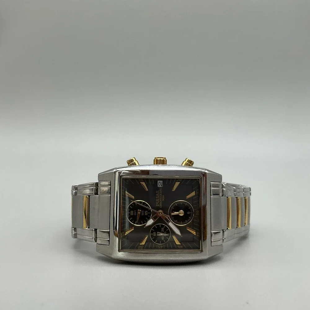 Pulsar YM92-X082 Mens Watch 34mm Chronograph Two Tone Bracelet New Battery 8.25